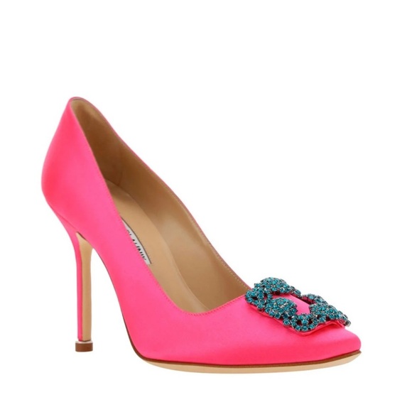 NEW!! 🚨 Manolo Blahnik Hangisi Embellished Pink Satin Pumps Size 6 - Picture 2 of 7